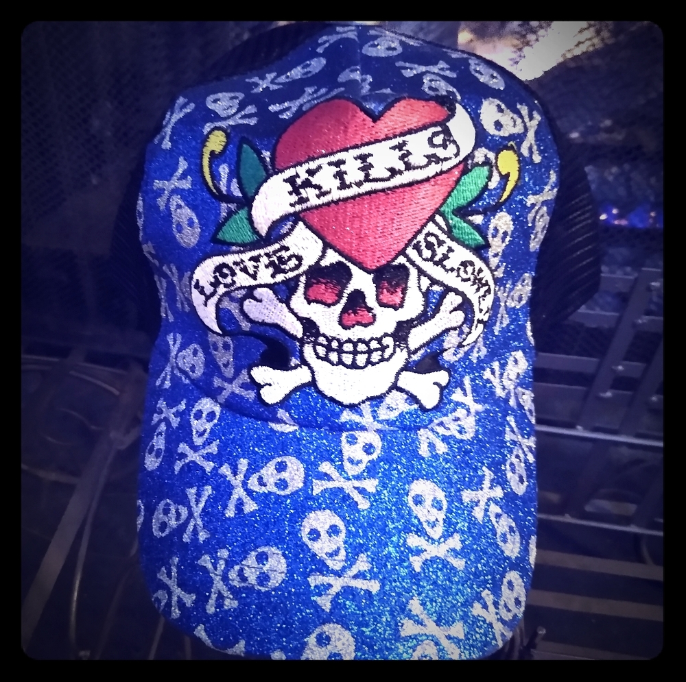 blue silver skulls Ed Hardy love kills cap